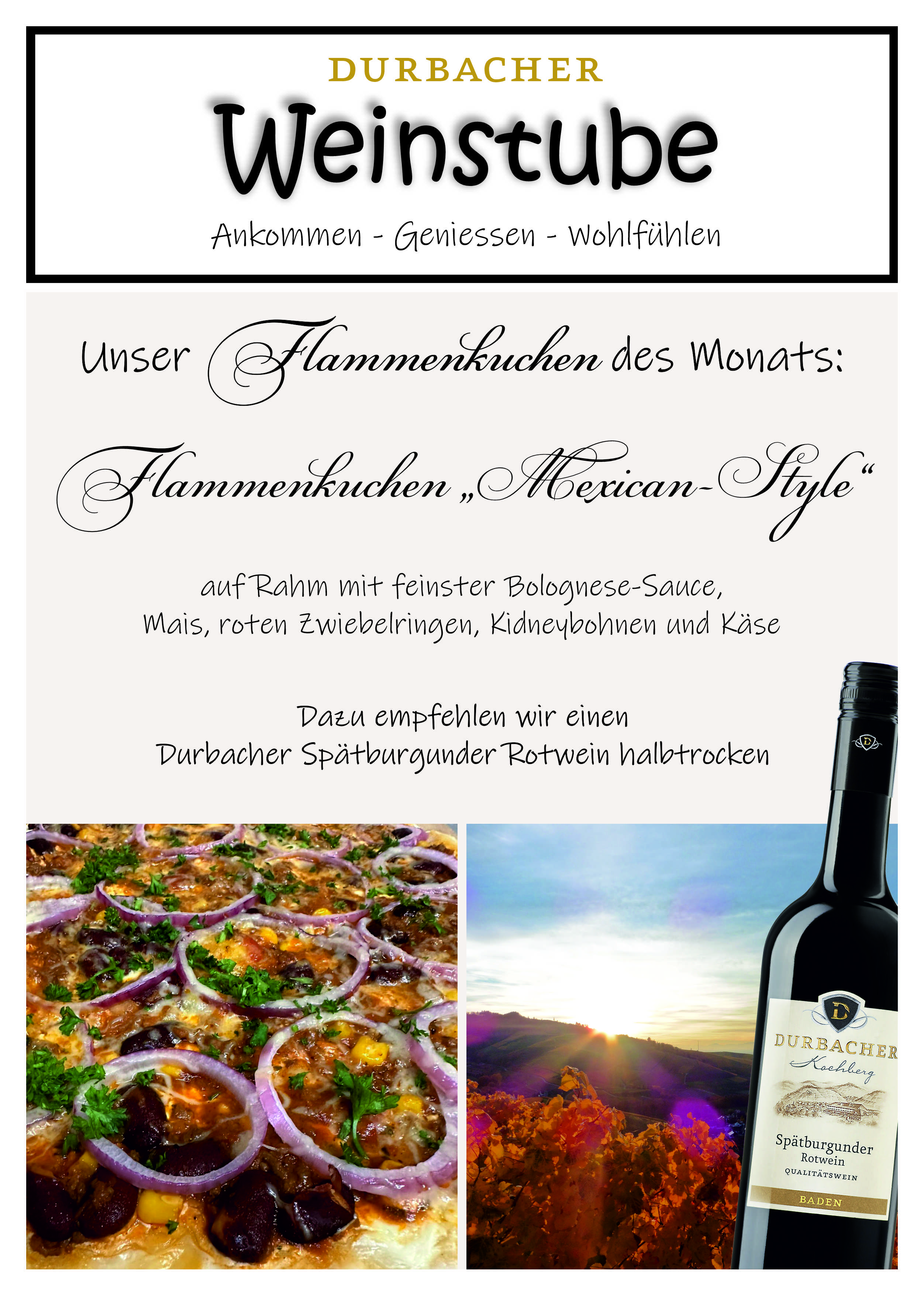 Hausgemachter Flammkuchen mit Chili con Carne, frischen Zwiebeln und überbackenem Käse

Unser hausgemachter Flammkuchen vereint knusprigen Teig mit der Würze von Chili con Carne, frischen Zwiebeln und zart schmelzendem Käse. Der Teig wird dünn und knusprig gebacken, mit Sauerrahm bestrichen und mit saftigem Chili con Carne belegt. Die Zwiebeln verleihen dem Flammkuchen eine frische Schärfe, während der Käse beim Überbacken eine goldene, würzige Kruste bildet – das perfekte Geschmackserlebnis für alle, die es deftig und aromatisch lieben!

Dazu empfehlen wir den halbtrockenen Spätburgunder Rotwein von der Durbacher Winzer eG. Sein fruchtig-würziger Charakter harmoniert hervorragend mit der pikanten Note des Chili und rundet das Erlebnis geschmackvoll ab.